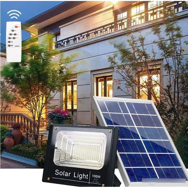 Foco Solar Led Blaco 100w Con Control Remoto Exteriores Negro Blanco Frío