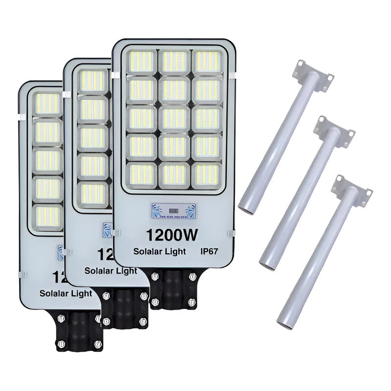 Pack 3 Foco Solar De Poste 1200 Watt Luz Fija Más Soporte Negro Blanco Frío