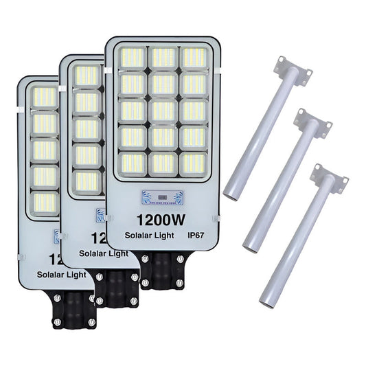 Pack 3 Foco Solar De Poste 1200 Watt Luz Fija Más Soporte Negro Blanco Frío