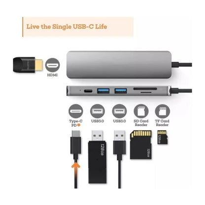 Hub Adaptador Usb Tipo 7 En 1 Hdmi, Rj45, Lan, Usb, Hub Gris Oscuro