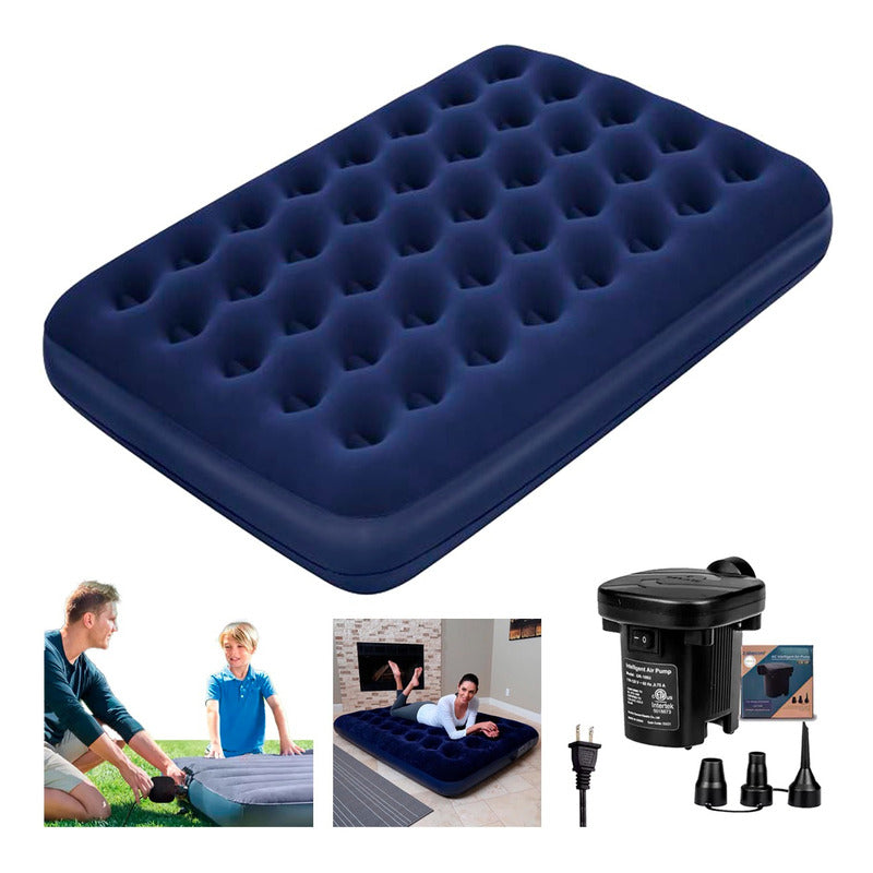 Colchón Inflable 2 Plazas + Bomba De Aire Portátil Azul