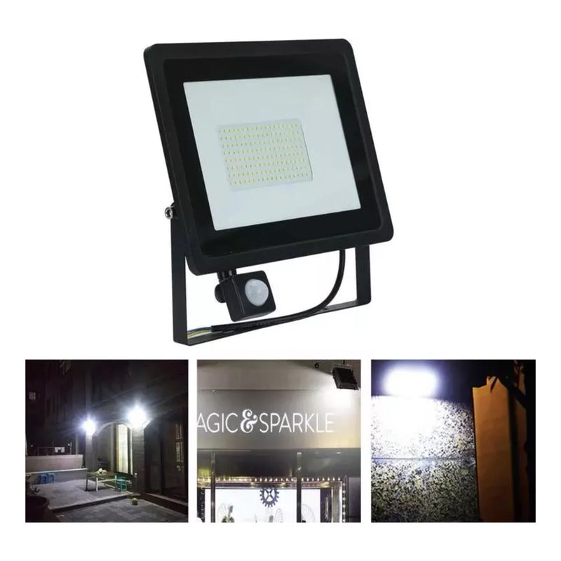 Foco Proyector 100w Pack X3 Con Sensor De Movimiento 220v Negro