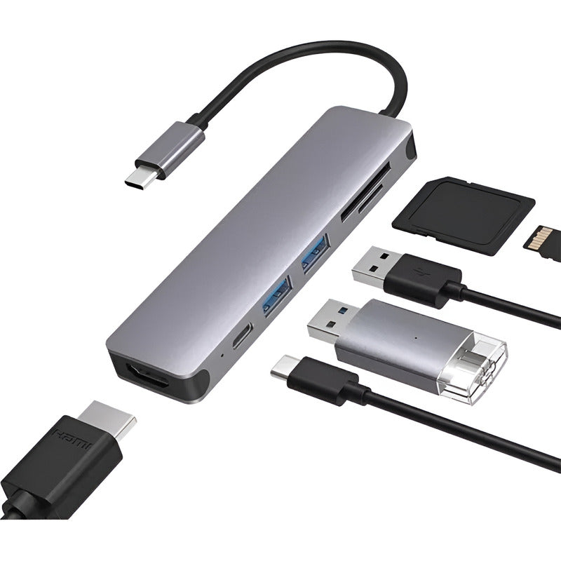 Hub Adaptador Usb Tipo 7 En 1 Hdmi, Rj45, Lan, Usb, Hub Gris Oscuro