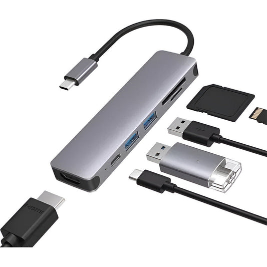 Hub Adaptador Usb Tipo 7 En 1 Hdmi, Rj45, Lan, Usb, Hub Gris Oscuro