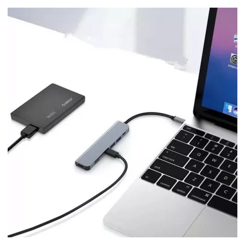 Hub Adaptador Usb Tipo 7 En 1 Hdmi, Rj45, Lan, Usb, Hub Gris Oscuro
