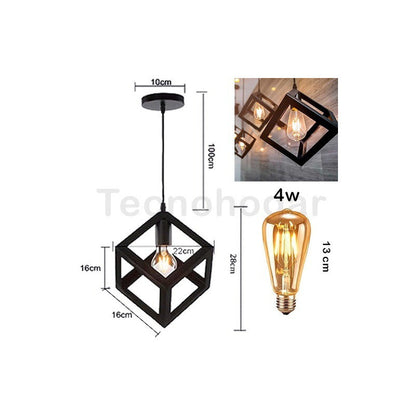 Lampara Colgante Fierro Cuadrada, Incluye Ampolleta Vintage Negro