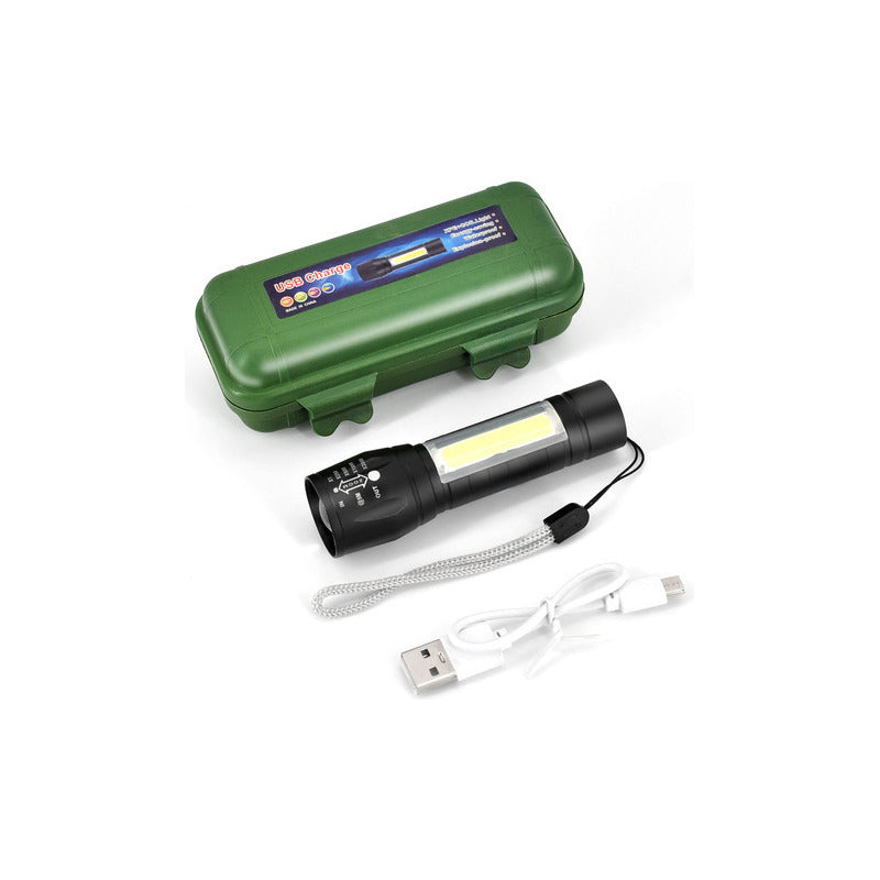 Mini Linterna Led De Mano Recargable Usb Gancho 525 Con Zoom Blanco Verde