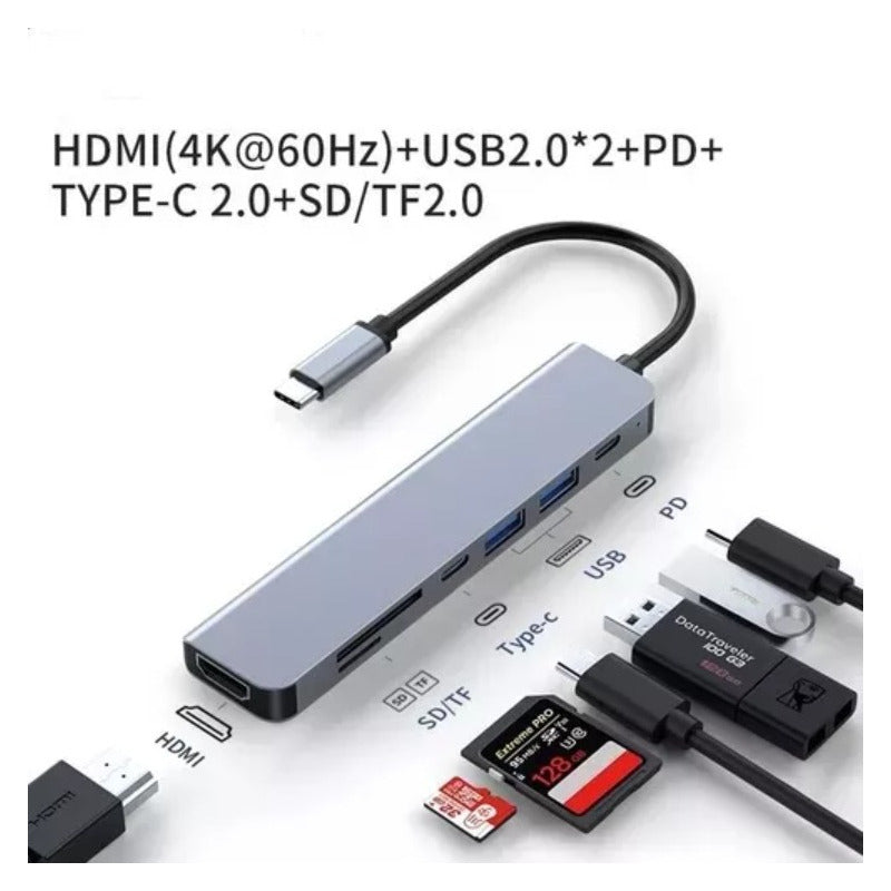 Hub Adaptador Usb Tipo 7 En 1 Hdmi, Rj45, Lan, Usb, Hub Gris Oscuro