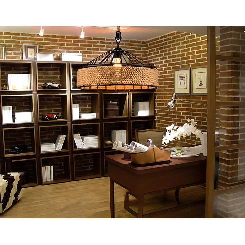 Lampara Colgante Con Cuerda Cáñamo - Metal Rustica Colgante Estructura Negro