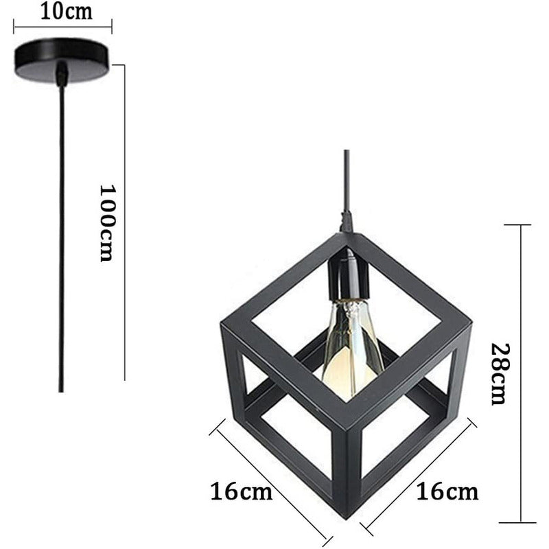Lampara Colgante Fierro Cuadrada, Incluye Ampolleta Vintage Negro