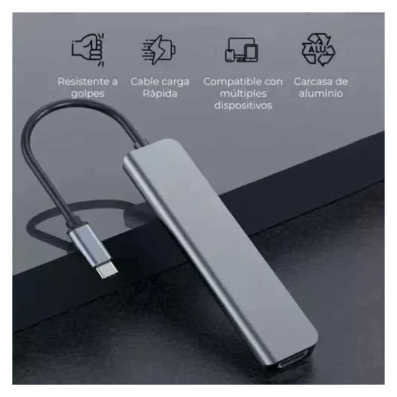 Hub Adaptador Usb Tipo 7 En 1 Hdmi, Rj45, Lan, Usb, Hub Gris Oscuro