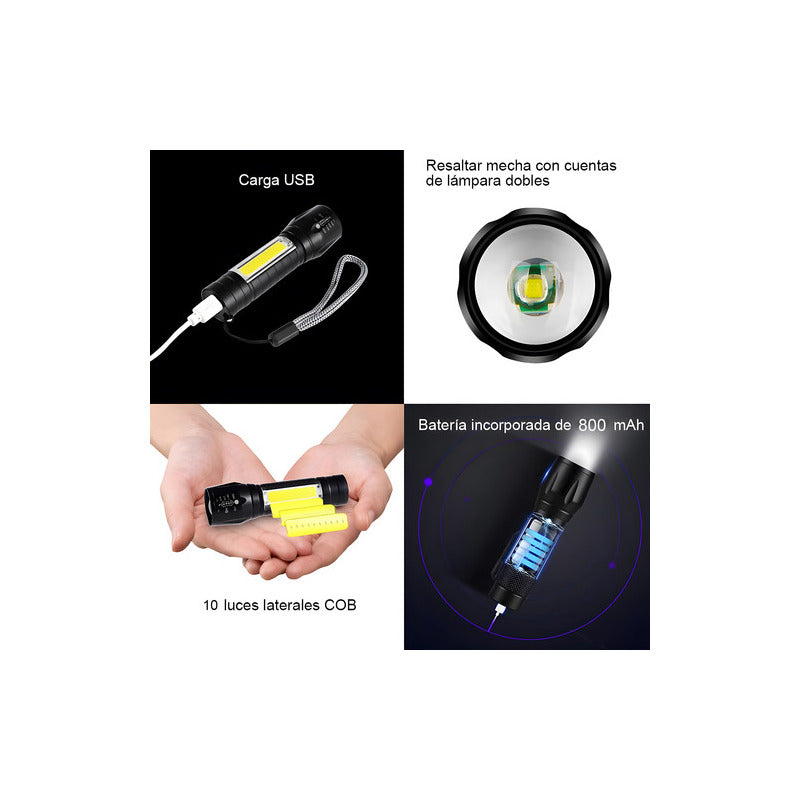 Mini Linterna Led De Mano Recargable Usb Gancho 525 Con Zoom Blanco Verde