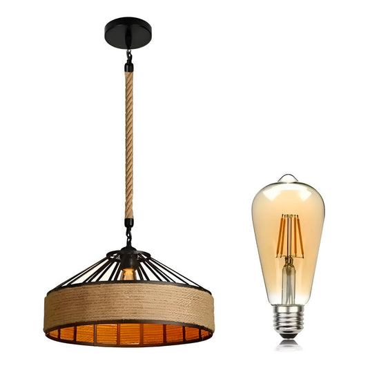 Lampara Redonda 30cm Con Cuerda Cáñamo Metal Rustica Negro