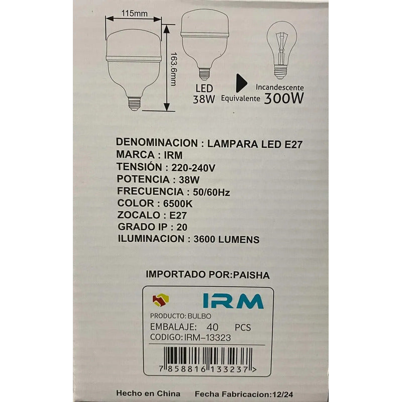 Ampolleta Led 38w Luz Fría 6500k 3600lm Iliminación Intensa Fría