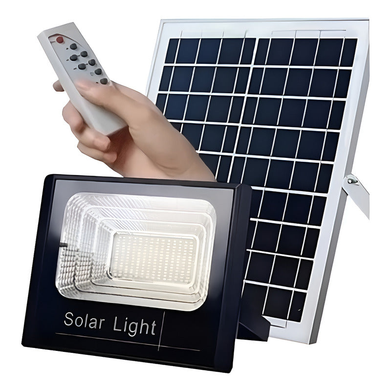 Foco Solar Led Blaco 100w Con Control Remoto Exteriores Negro Blanco Frío