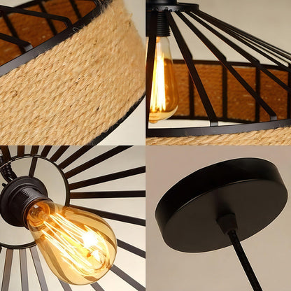 Lampara Colgante Con Cuerda Cáñamo - Metal Rustica Colgante Estructura Negro