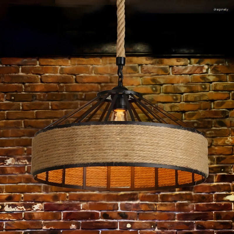 Lampara Colgante Con Cuerda Cáñamo - Metal Rustica Colgante Estructura Negro