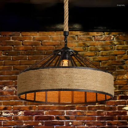 Lampara Colgante Con Cuerda Cáñamo - Metal Rustica Colgante Estructura Negro