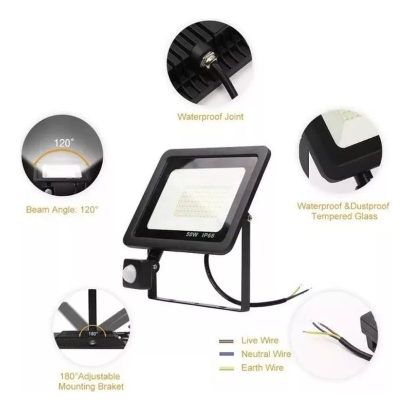 Foco Led Con Sensor De Movimiento 200w Resistente Al Agua Negro Blanco Frío