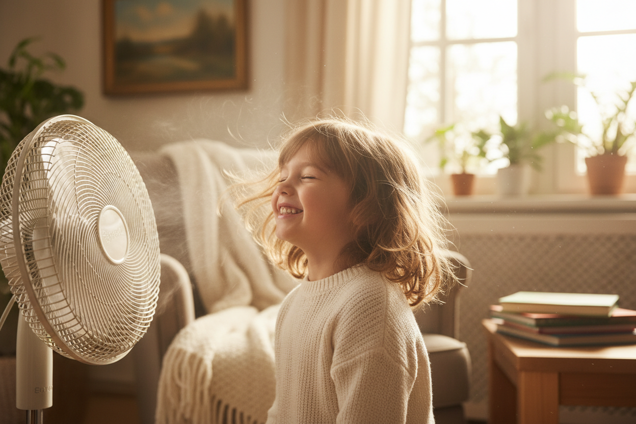 make an image of child enyoing the breeze from an electric home fan